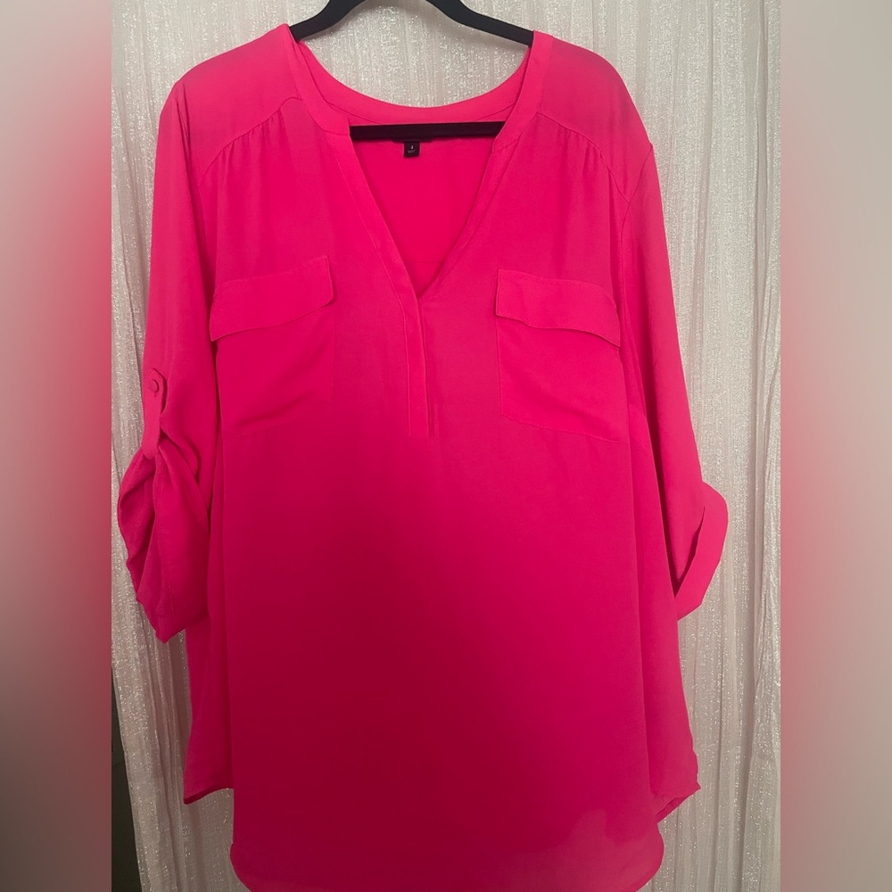 torrid Neon Pink V-Neck Roll-Tab Blouse